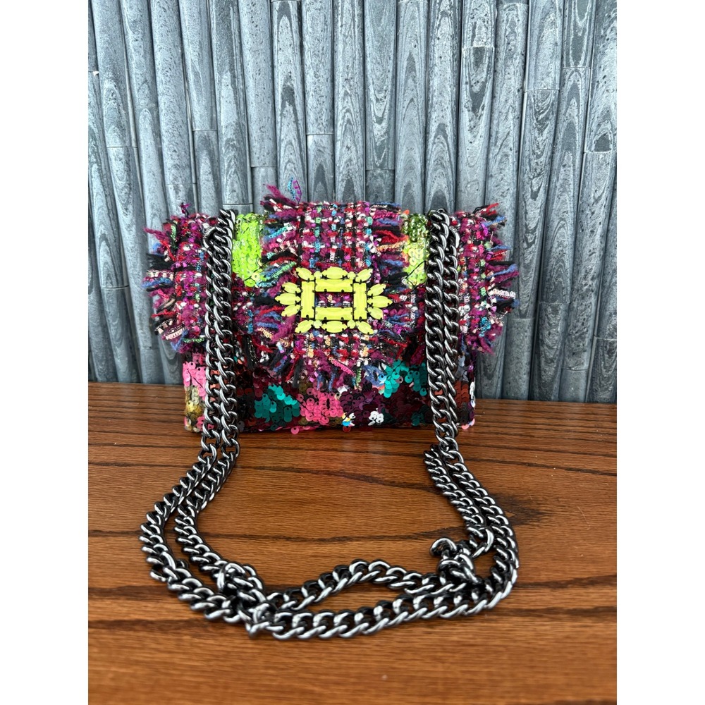 Kurt Geiger London Kensington Mini Sequin Tweed Multi Color Chain Crossbody Bag - Picture 2 of 9